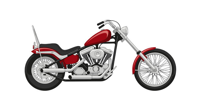Illustration of a red chopper motorcycle with a sissy bar and detailed engine components shown clearly on transparent background