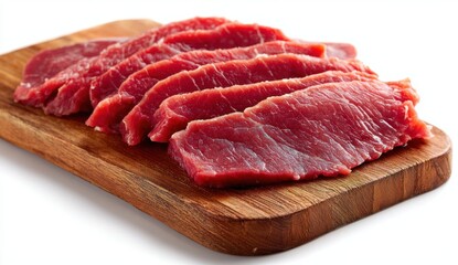 Freshly sliced raw meat arranged on a wooden cutting board with a clean white background
