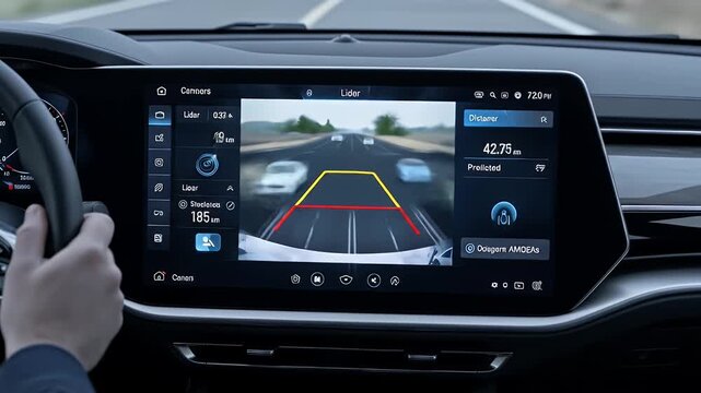 Modern Car Interior Dashboard Display Showing Navigation and Driving Assistance Features
