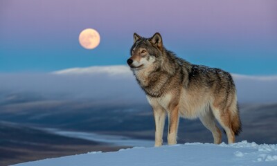 Fototapeta premium Gray wolf stands on snowy mountaintop at dawn, full moon overhead