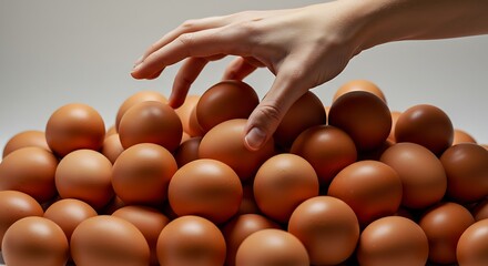 Hand Reaching for Brown Eggs on Pile in Studio Light