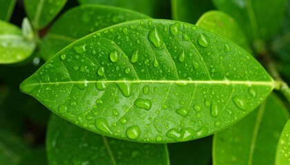 Fototapeta premium Close-up of fresh green leaves with detailed veins, water droplets shimmering in sunlight, creating a natural refreshing look