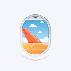 Obraz premium Airplane Window View Of Beach And Surfboard