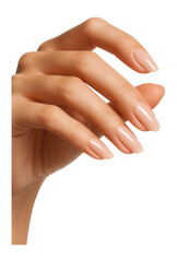 Manicured hand with glossy nude nails under soft light.