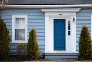 Front view of a cozy suburban house with a vibrant blue door, white siding, and well-maintained landscaping featuring two tall bushes on either side of the entrance