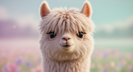 Fototapeta premium Close-up of a fluffy, light beige alpaca with large, expressive eyes, facing forward in a field of wildflowers. Soft, pastel colors and a dreamy, serene atmosphere