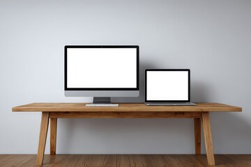 Modern Workspace Setup With Computer And Laptop On Wooden Table