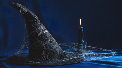 Black witch hat with silver cobwebs, illuminated by candlelight on a velvet cloth.