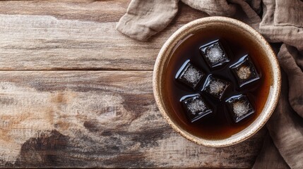 Close-up of grass jelly cubes in a bowl with brown sugar syrup, placed on a wooden table, top view of a refreshing Thai dessert