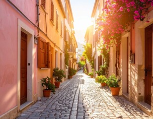Obraz premium Generated image 石畳 細い路地 カラフル 歴史的建物 咲き誇る花 美しい ヨーロッパ 街並み 夕日 光 温かいノスタルジック 雰囲気 風景
