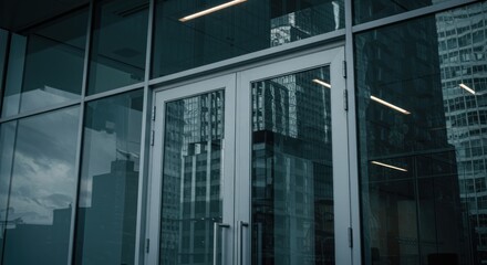 Obraz premium Modern glass facade with mirrored city views and double doors