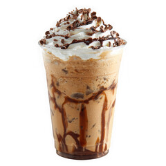 Iced coffee drink with whipped cream and chocolate drizzle isolated on transparent background