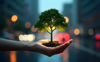 World environment day concept: Human hand holding big tree over blurred city night rain background. High quality