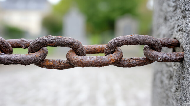 A close-up view of a rusty chain link, symbolizing strength and durability, set against a blurred background of greenery.
