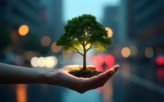 World environment day concept: Human hand holding big tree over blurred city night rain background. High quality