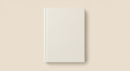 A stark white hardcover book rests on a pale beige background, its spine visible, casting a subtle shadow.  The cover is entirely blank, offering a clean, minimalist aesthetic
