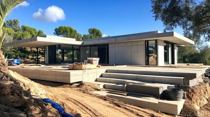 Obraz premium Construction progress of a luxury villa with sleek concrete exterior, elevated platform, and sharp architectural edges