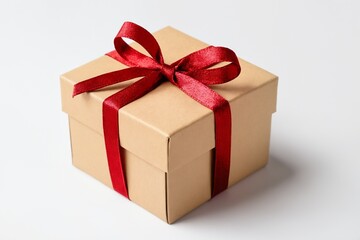 Obraz premium Small gift box with red ribbon tied in bow on white surface