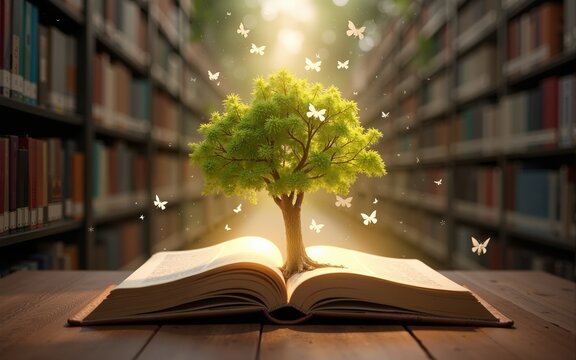 The concept of education by planting a tree of knowledge in the opening of an old book in the library and the magical magic of light that flies to the destination of success. Beautiful background