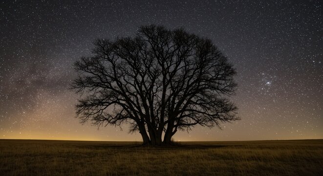 A lone, leafless tree silhouetted against a star-studded night sky over a field