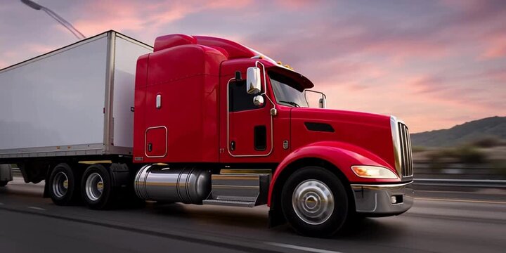 Transport semi-truck with trailer is transporting goods and supplies on the road. Supply chain and shipping concept