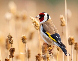 European goldfinch perched on wheat stalk in a natural habitat close-up shot