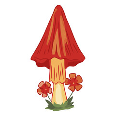 Whimsical red mushroom illustration with flowers