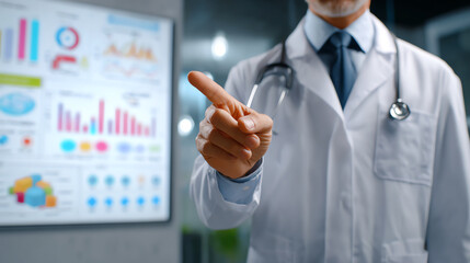 A doctor in a white coat gestures to display digital health data and statistics during a medical consultation.