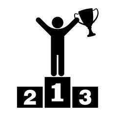 Winner on Podium Holding Trophy Cup. Silhouette Vector Illustration. A simple yet powerful silhouette of a victorious person standing proudly on a podium.