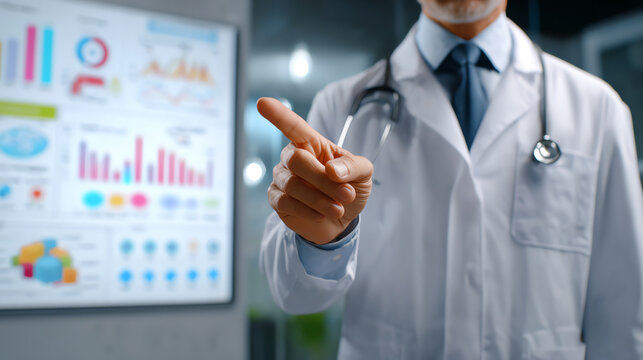 A doctor in a white coat gestures to display digital health data and statistics during a medical consultation. - Powered by Adobe