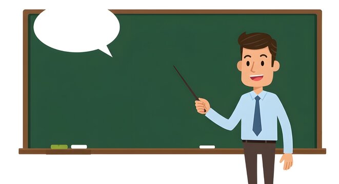 Cheerful cartoon teacher points to the chalkboard with a pointer, alongside a speech bubble and white chalk