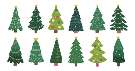 Collection of cartoon Christmas trees with different decorations and ornaments. Festive vector set for holiday cards, posters, and winter designs.