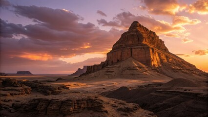 Spectacular desert rock formation bathed in golden sunset light