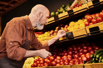 Salesman curating fresh local produce in a vibrant grocery store environment