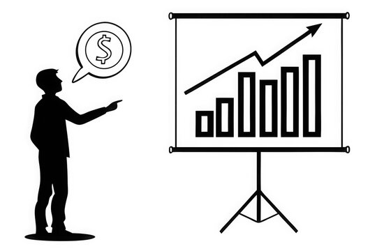 Businessman presenting a rising financial graph with a dollar sign in a speech bubble
