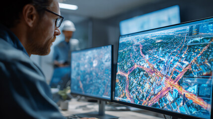 A professional analyzes urban data on dual monitors, showcasing the importance of technology in city planning and management.