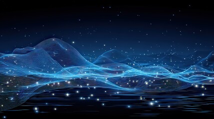 Abstract Digital Landscape At Night With Glowing Blue Pixel Mountains