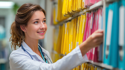 A smiling woman wears a lab coat while organizing colorful patient files in a well-lit office space.