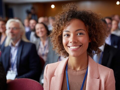 Diverse crowd at a business conference with a smiling professional woman in the foreground