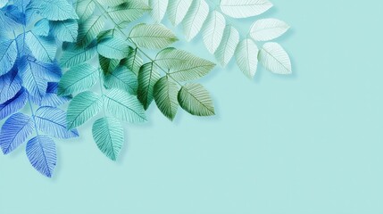 Delicate gradient leaves in blue, green hues form a fresh, natural texture pattern on light turquoise background, ideal for wallpaper, decor, and artistic design.