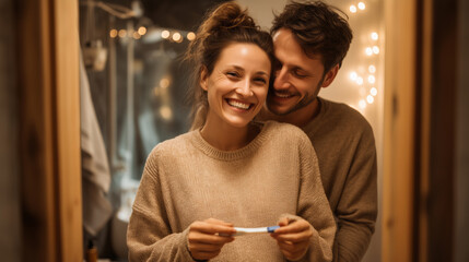 Happy couple, woman holding positive or negative pregnancy test, embraced by her smiling husband. Family planning and fertility and infertility concept.