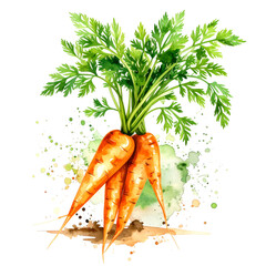 Watercolor Carrots with Green Tops and Roots Detail.