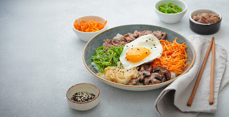 Bibimbap, authentic korean dish with a steamed rice topped with fried egg, beef, colorful vegetables, traditional dish of Korea on light background with chopsticks, copy space