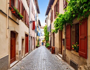 Enchanting European streetscape featuring historic architecture and cobblestone streets in the