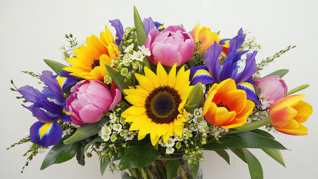 A vibrant bouquet featuring tulips, sunflowers, and irises, perfect for celebrating any special occasion with a splash of color.