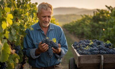 Man inspects fresh grapes in vineyard