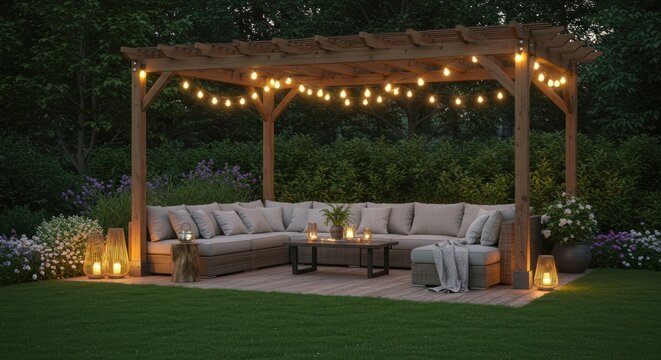 Evening outdoor scene features a wooden pergola adorned with string lights, over a sectional sofa with pillows, coffee table, & lanterns