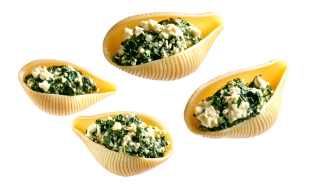 Spinach and Ricotta Stuffed Pasta Shells Ready to Cook Isolate on Transparent Background, cutout, png