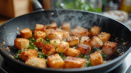 Crispy golden croutons in a pan warm lighting fresh herbs home style cooking delicious food close up photography