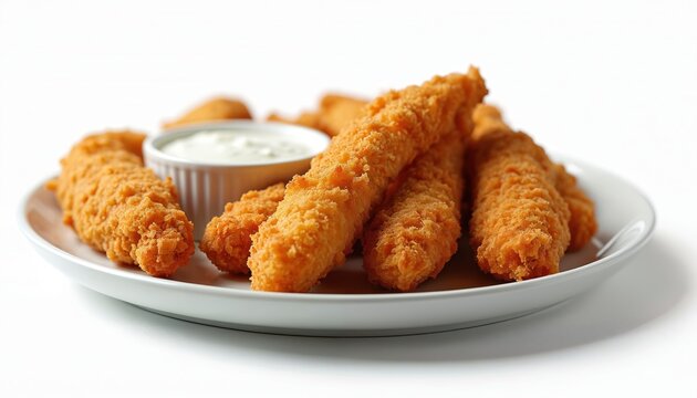 Crispy fried chicken tenders served with creamy ranch dressing dip on white plate. Golden brown breaded meat pieces offer delicious, savory snack meal. Ideal for casual dining, takeout, pub menus.